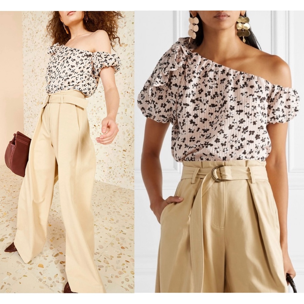 ULLA JOHNSON Floral Stripe Silk Cotton Bow Detail Off Shoulder Puff Sleeve Top 4